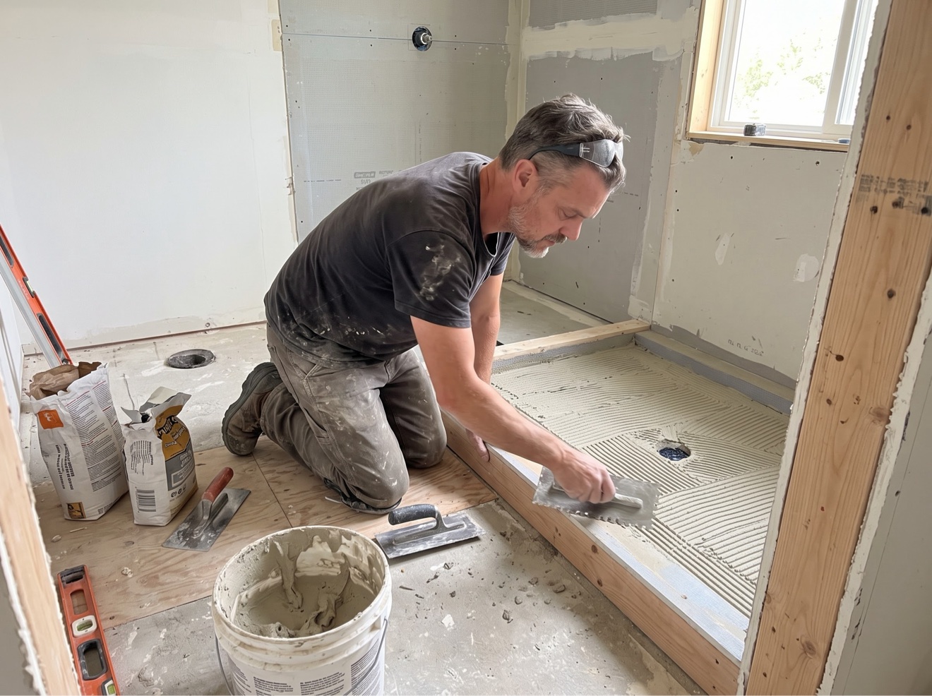 Simon preparing a shower pan build in Colorado Springs