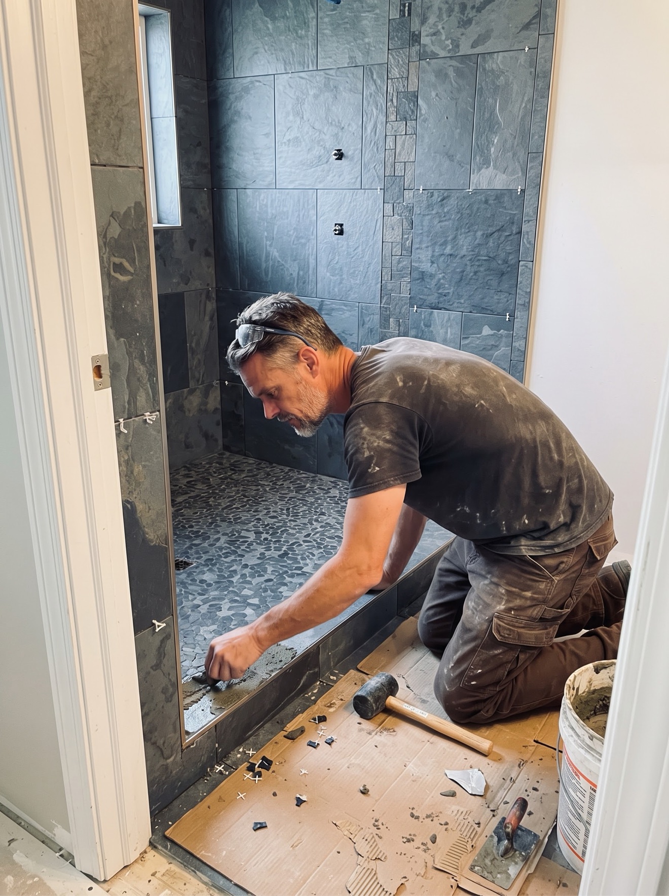 Simon hand-setting a pebble shower floor, piece by piece, in Colorado Springs