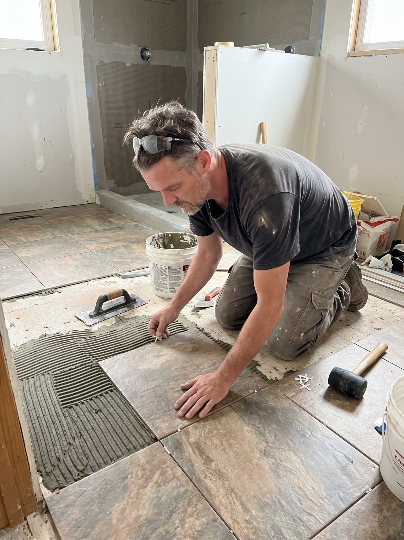 Large-format floor tile installation in Colorado Springs, flat and true