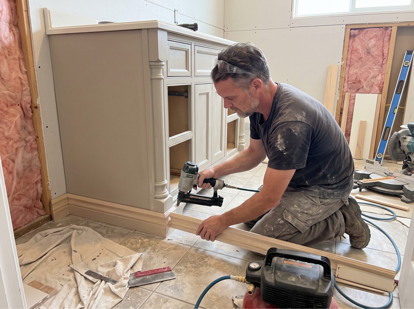 Kitchen remodeling in Colorado Springs — Simon fitting trim by hand